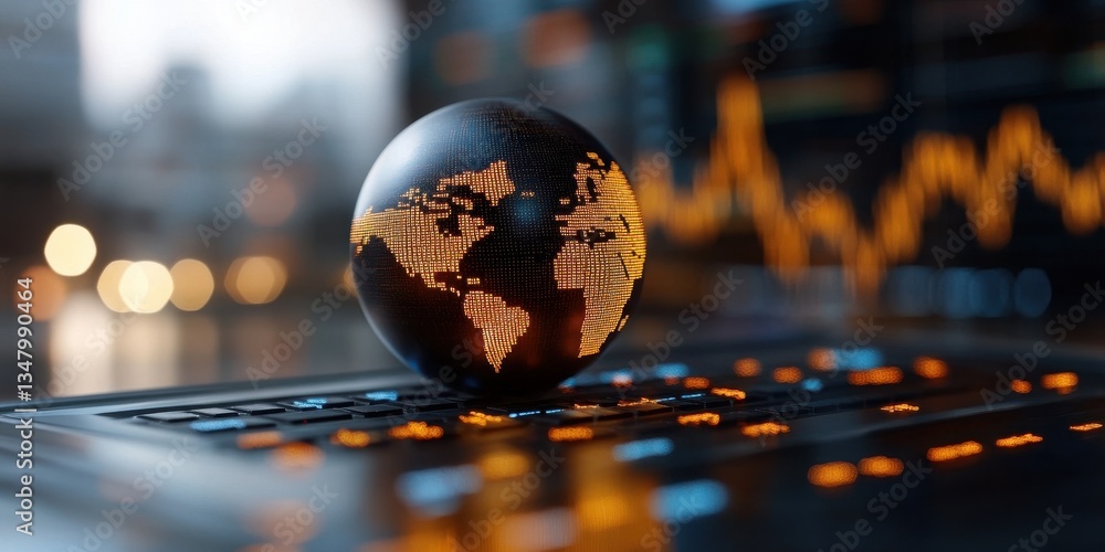 Poster high detail macro shot of a globe highlighting global finance themes with background stock market tr