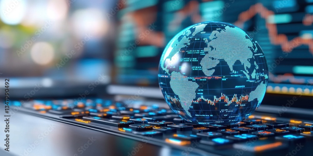 Poster macro shot of a globe displaying financial data and stock market trends on a keyboard overview