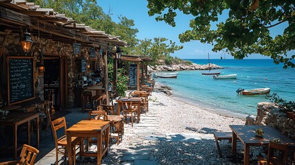 Coastal cafe, sunny beach, Greece