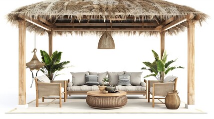 Fototapeta premium Rustic wooden beachside bungalow living room open air seating tropical decor soft linen cushion white isolated background