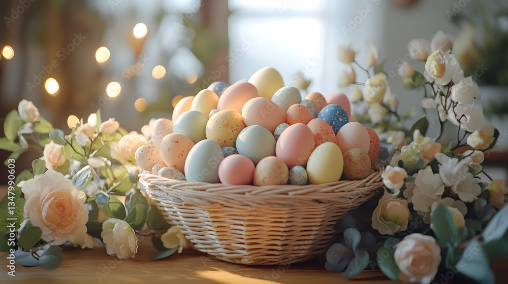 Poster pastel easter eggs nestled in a wicker basket, surrounded by delicate spring flowers and soft bokeh 