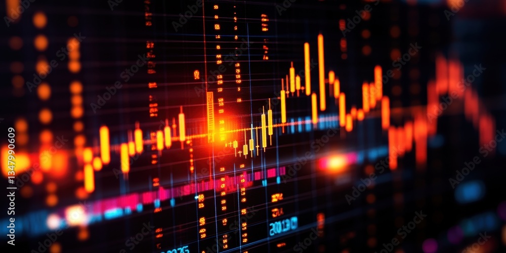 Poster macro view of a vibrant financial graph showing stock market trends and fluctuations in a colorful d