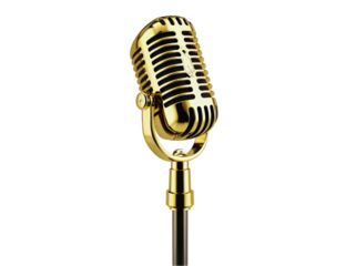 A vintage-style gold microphone stands tall, exuding elegance and charm, perfect for a music performance or recording session.