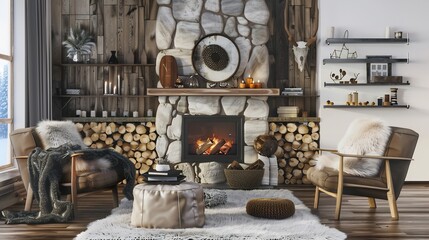Rustic mountain lodge living room stone fireplace fur rug wooden decor cozy winter ambiance white isolated background