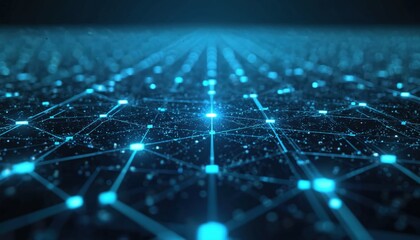 Abstract 3D rendering tech background. Futuristic cyberspace network with data processing, connection concept. Digital network analysis, modern tech, global communication, glowing lines, dots.