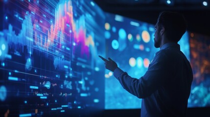 Professional Male Analyst Interpreting Digital Financial Data Visualizations in Modern Office Space