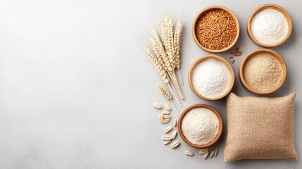 Assorted grains and flours in rustic bowls with wheat stalks