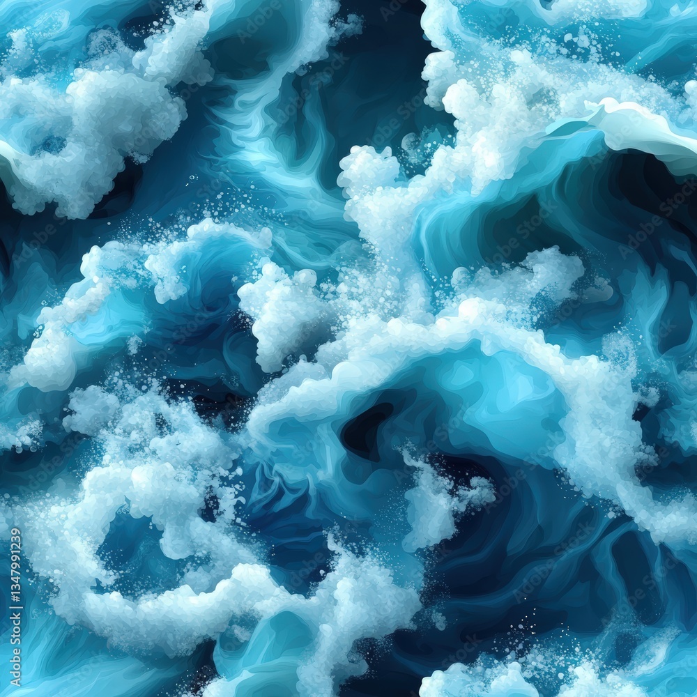 Poster abstract swirling turquoise ocean waves with white foam creating a seamless pattern, ideal for backg