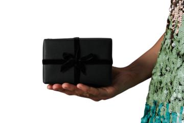 PNG, Black Friday, gift box in hands, isolated on white background.