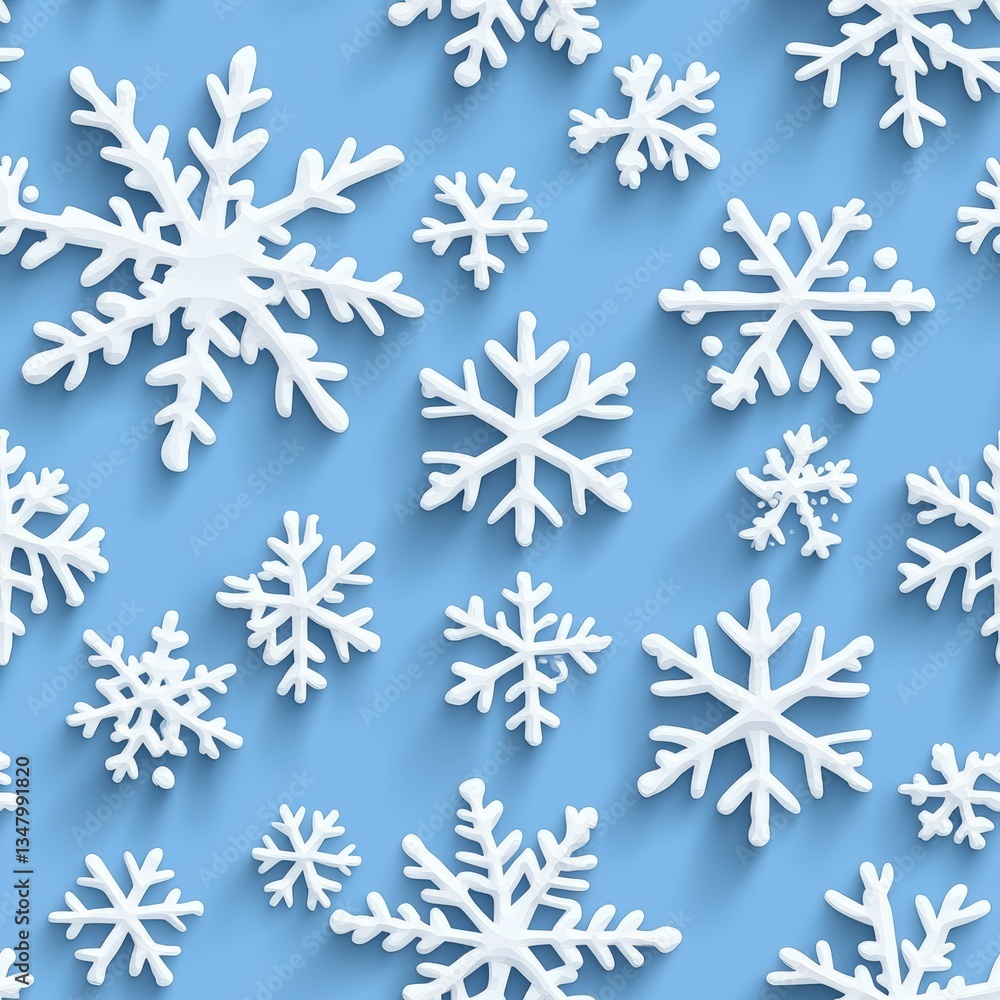 Poster seamless pattern of three-dimensional white snowflakes in varying sizes on a soft light blue backgro