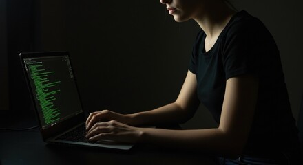 Focused Young Programmer Coding on Laptop in Dark Room, Emphasizing Cybersecurity, Coding Skills, and Nighttime Work Environment.