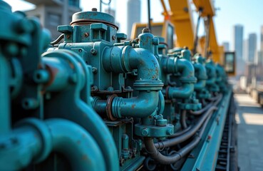 Fototapeta premium Hydraulic crane control system with many hoses. Machine-building industry, construction, heavy equipment, power, energy, oil, repair, background, pipeline, traction, starter. Modern industrial tech.