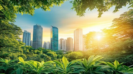 Cityscape sunrise, lush park, green leaves