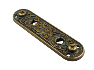 An ornate brass door plate featuring intricate floral designs, showcasing vintage craftsmanship and a timeless aesthetic.