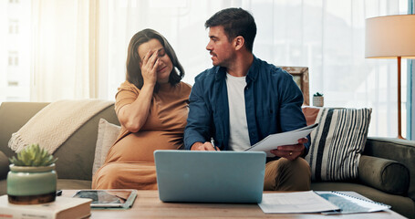Pregnant woman, man and stress with finance in home on sofa with documents, debt and laptop in...