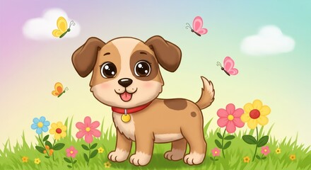 Adorable Cartoon Puppy with Butterflies and Flowers in a Vibrant Garden, Perfect for Children's Illustrations and Art Projects