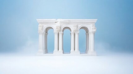 Fototapeta premium Ancient, white, stone archway structure. Foggy, serene backdrop
