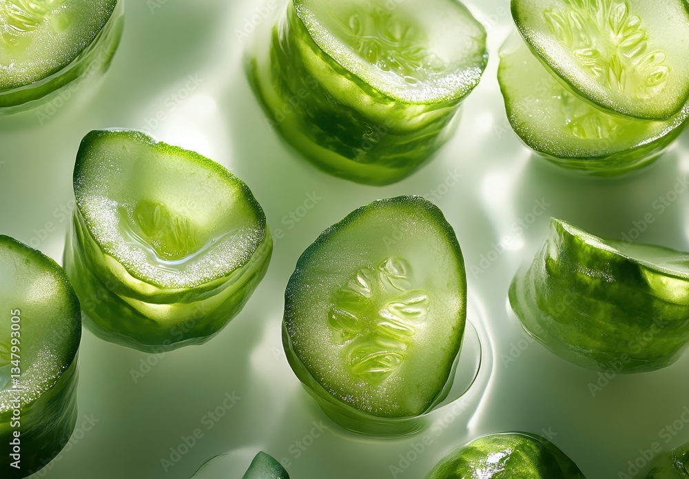 Poster fresh and crisp green cucumbers sliced with reflection under natural light on a light background for