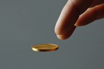 Fototapeta premium Hand Reaching for a Golden Coin Hovering in the Air with Gray Background