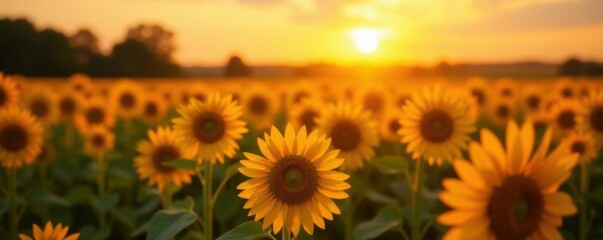 Obraz premium Warm sunlight illuminates a sunflower field at sunset, outdoors, natural light