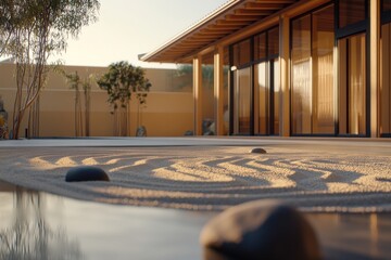 Serene Zen Garden with Raked Sand and Natural Elements at Sunset