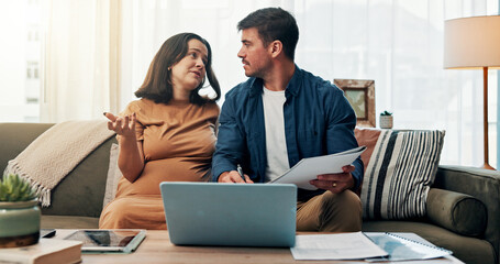 Pregnant woman, couple and documents for finance in home on sofa with talk, planning and laptop in...