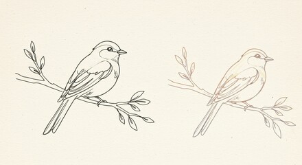 Charming Bird Illustration: Line Art of Birds on Branches for Nature Lovers and Artists.