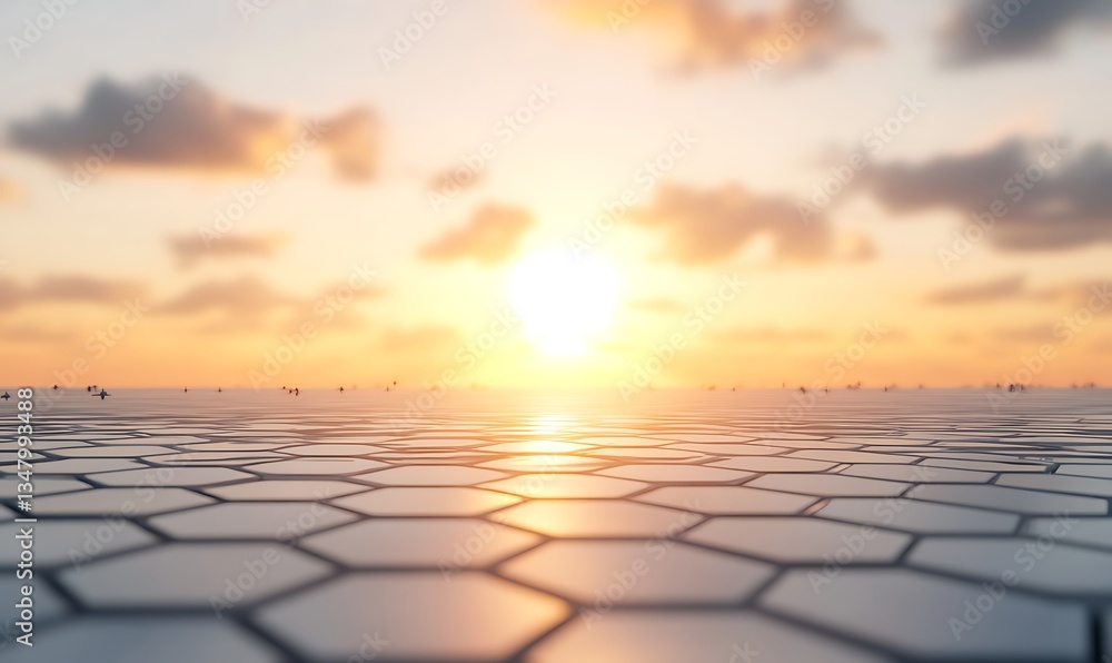 Poster a serene sunset over a reflective hexagonal surface, creating a calming atmosphere with soft clouds 