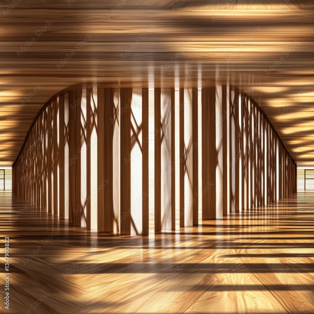 Poster sunlight streaming through modern curved wooden structure with intricate latticework casting dramati