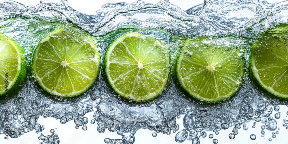 Aufkleber refreshing water waves with floating lime slices isolate on white background, 8k resolution