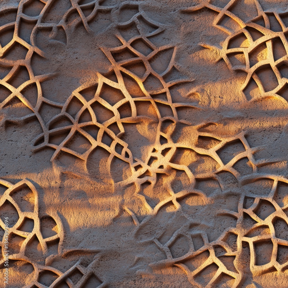 Poster intricate swirling lattice patterns on textured surface resembling stone or sand illuminated by warm