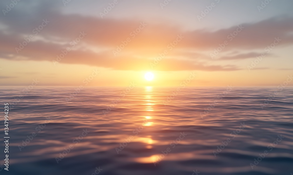 Poster a serene sunset over calm ocean waters, reflecting warm colors and creating a peaceful atmosphere.