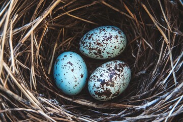 Obraz premium Close up shot of three speckled robin eggs nestled in a natural bird nest made of twigs
