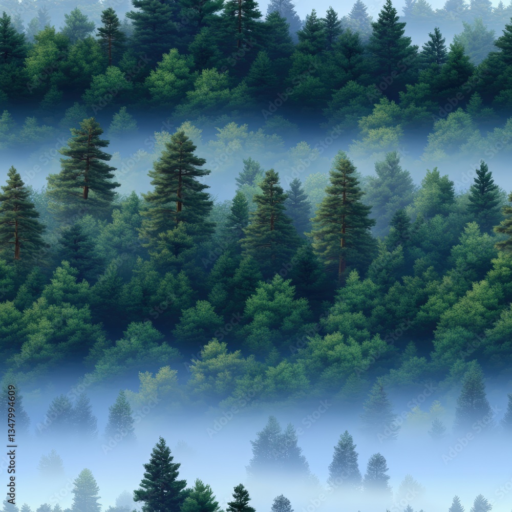 Poster misty dense evergreen forest with layers of varying tree heights surrounded by fog creating a serene