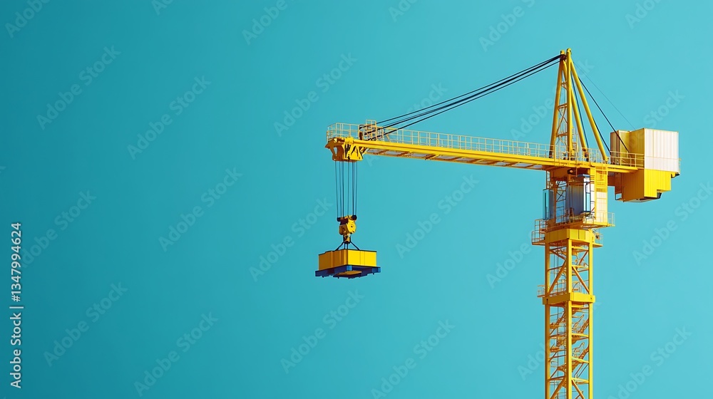 Poster yellow tower crane hoisting a shipping container in an open sky background, perfect for industrial t