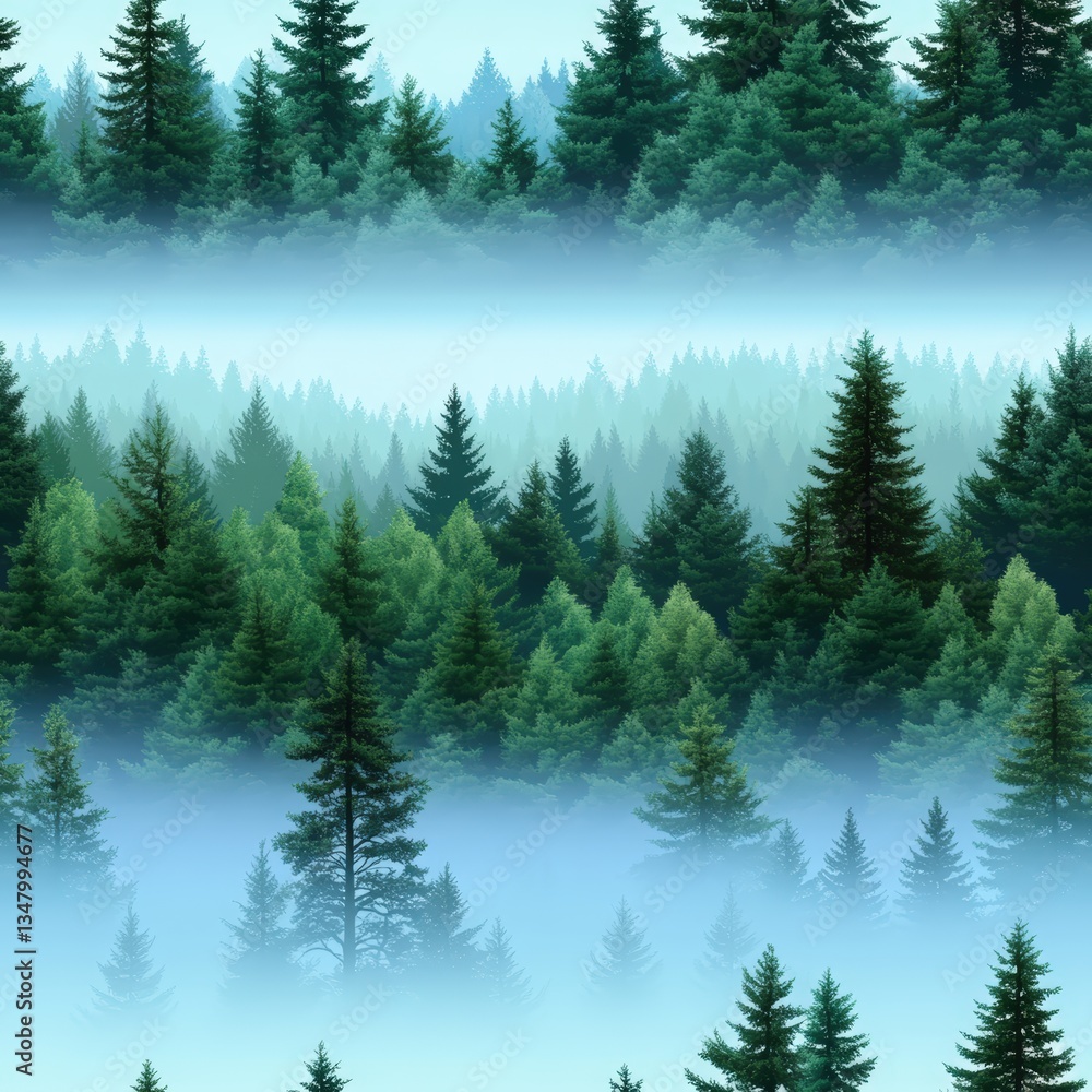 Poster a misty layered pattern of lush evergreen forests enveloped in fog creating a serene and enigmatic l