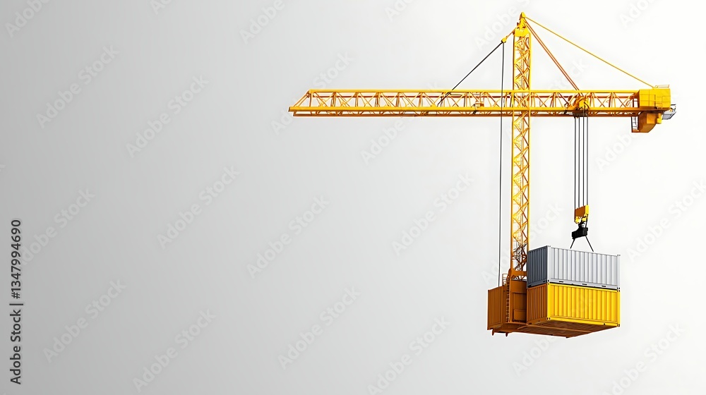 Poster yellow tower crane hoisting a shipping container in an open sky background, perfect for industrial t