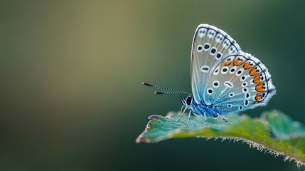 Obraz premium A beautiful butterfly rests on a green textured leaf calmly