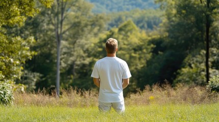 Man contemplating nature's beauty.  A person stands in a grassy field, gazing at a verdant mountain vista.  Peaceful, serene, and thoughtful