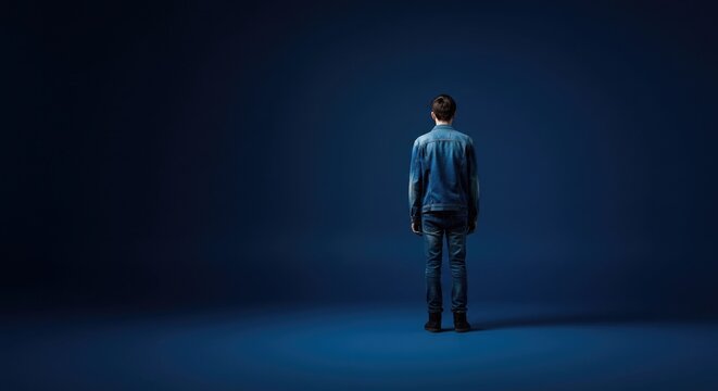 Solitude and Reflection: Captivating Back View of Man in Denim Jacket and Jeans on a Deep Blue Background, Perfect for Mental Health Concepts