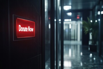 Bright Red Donate Now Button in Modern Office Environment