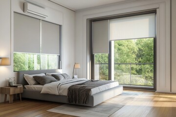 Obraz premium A modern bedroom with a large bed and big windows