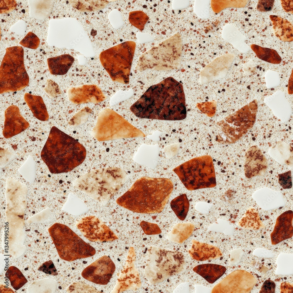 Poster close-up view of a beige terrazzo surface featu irregular multicolored chips in shades of brown rust