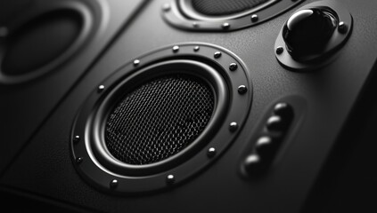 Close-up of Sleek Black Speaker System with Multiple Drivers and Control Knobs