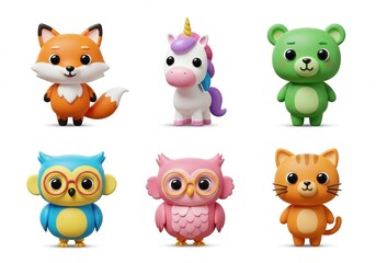 Adorable Animal Cartoon Characters Set: Cute Fox, Unicorn, Bear, Owl, and Cat Illustrations for Kids, Crafts, and Decor.