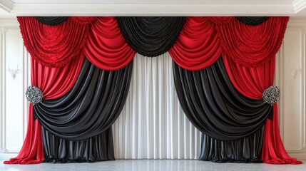 Elegant Red and Black Draped Curtains in Luxurious Interior