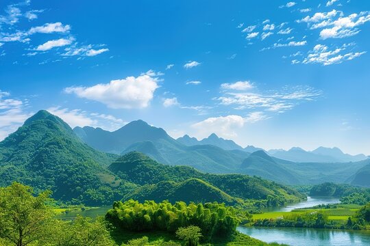 World Environment Day concept: Green mountains and beautiful sky clouds under the blue sky.Earth day