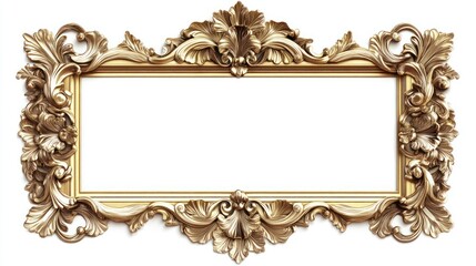 Ornate Golden Baroque Frame, Elegant Rococo Design, Luxury Decorative Element,  Vintage Style,  Antique Gold Picture Frame,  Isolated on White Background