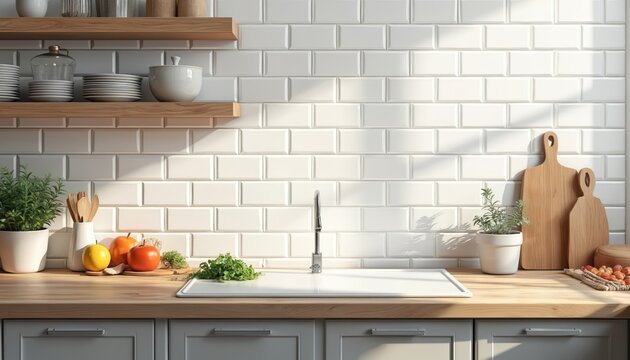Modern minimalist kitchen interior with white tiles, wooden countertop, cutting boards. Clean sink with faucet, fresh fruits, greenery plants on shelf. Home decor, culinary, food preparation, cooking