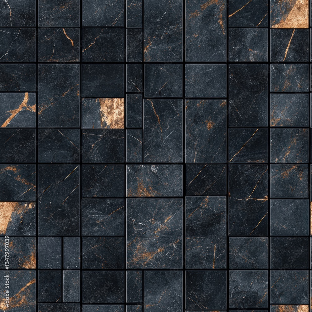 Poster close-up view of dark-colored tile mosaic featu square tiles with distressed marbled texture and gol